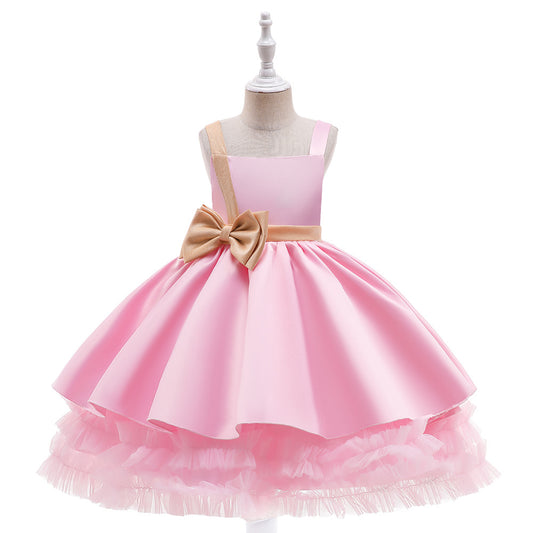 Cute Puffy Ball Gown Dress for Girls - Tea Length Satin Party Dress with Bowknot & Ruffles