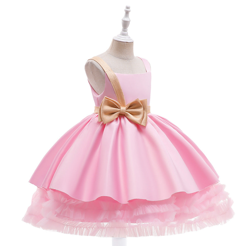 Cute Puffy Ball Gown Dress for Girls - Tea Length Satin Party Dress with Bowknot & Ruffles