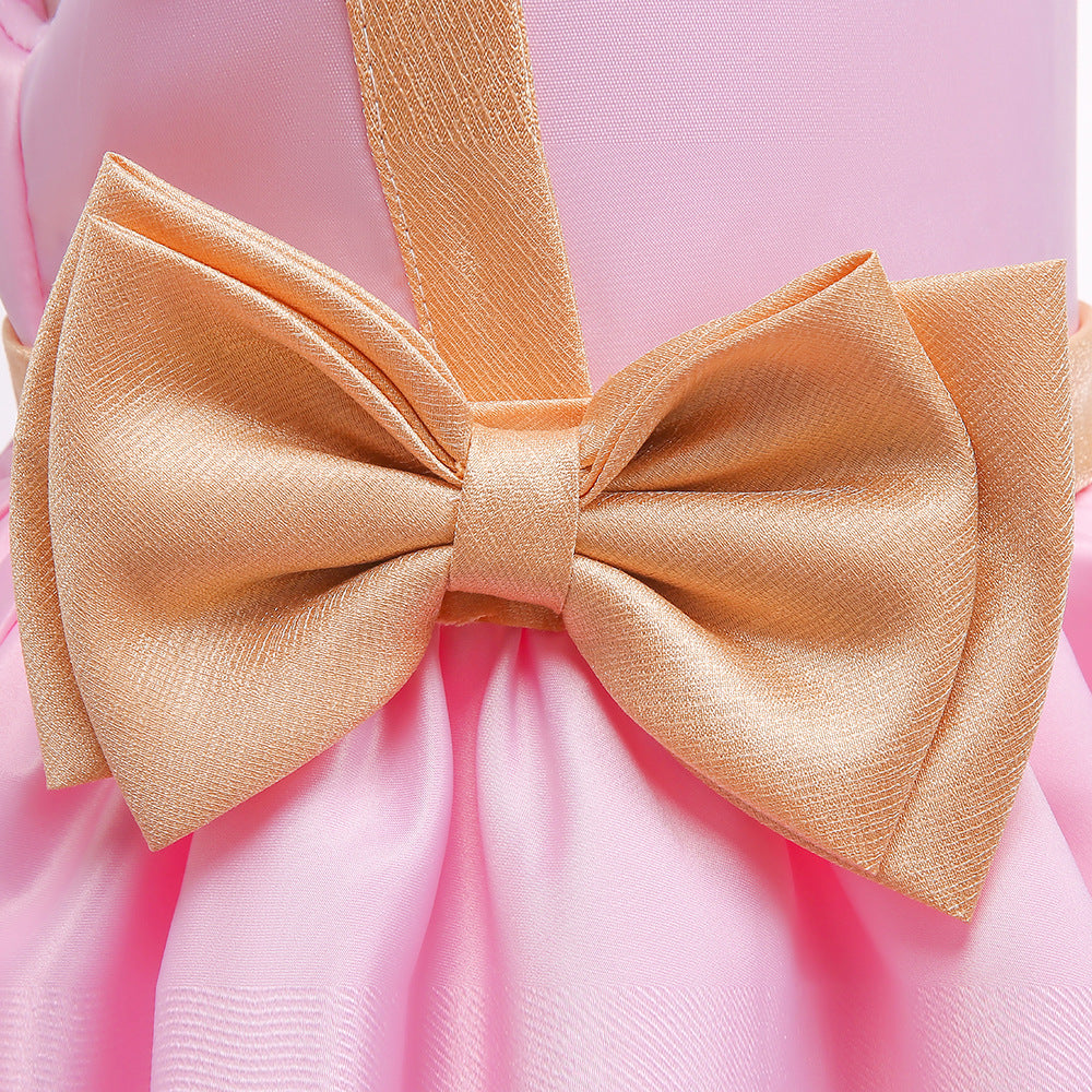 Cute Puffy Ball Gown Dress for Girls - Tea Length Satin Party Dress with Bowknot & Ruffles