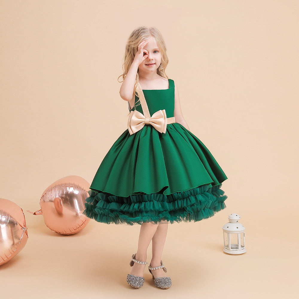 Cute Puffy Ball Gown Dress for Girls - Tea Length Satin Party Dress with Bowknot & Ruffles