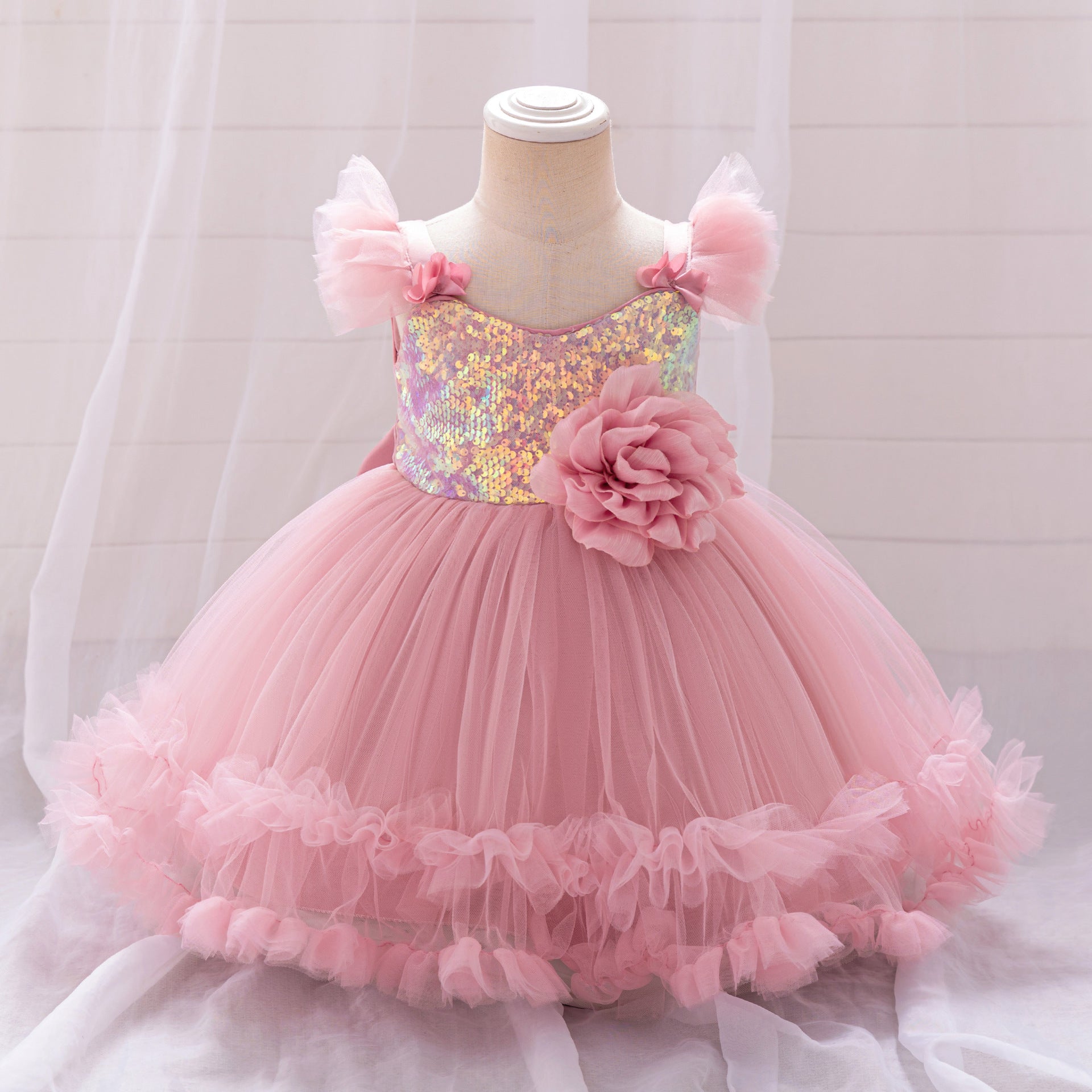 Puffy Ball Gown Dress for Girls with Sequins, Flowers & Bowknot | Cute Tea-Length Party Princess Dress