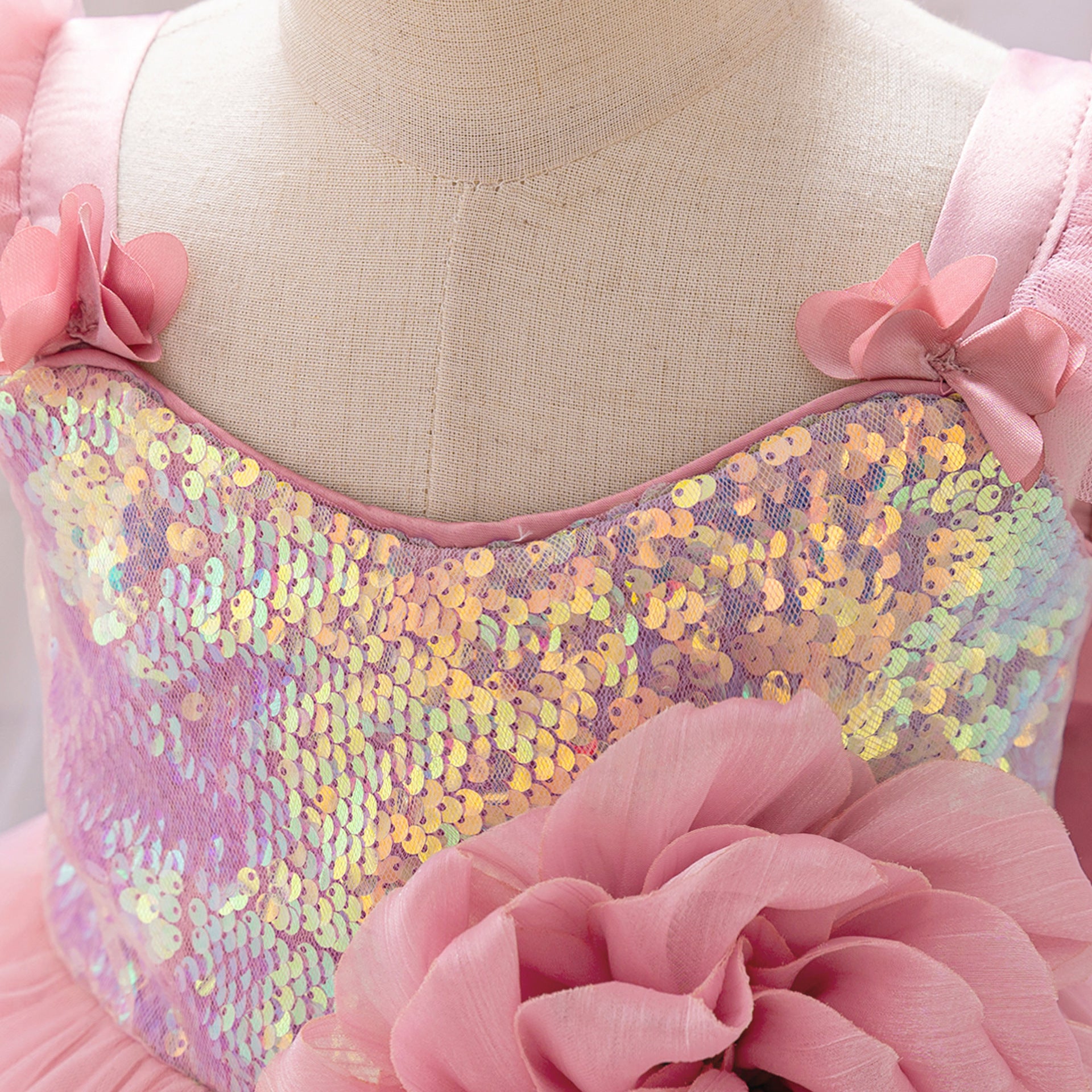 Puffy Ball Gown Dress for Girls with Sequins, Flowers & Bowknot | Cute Tea-Length Party Princess Dress