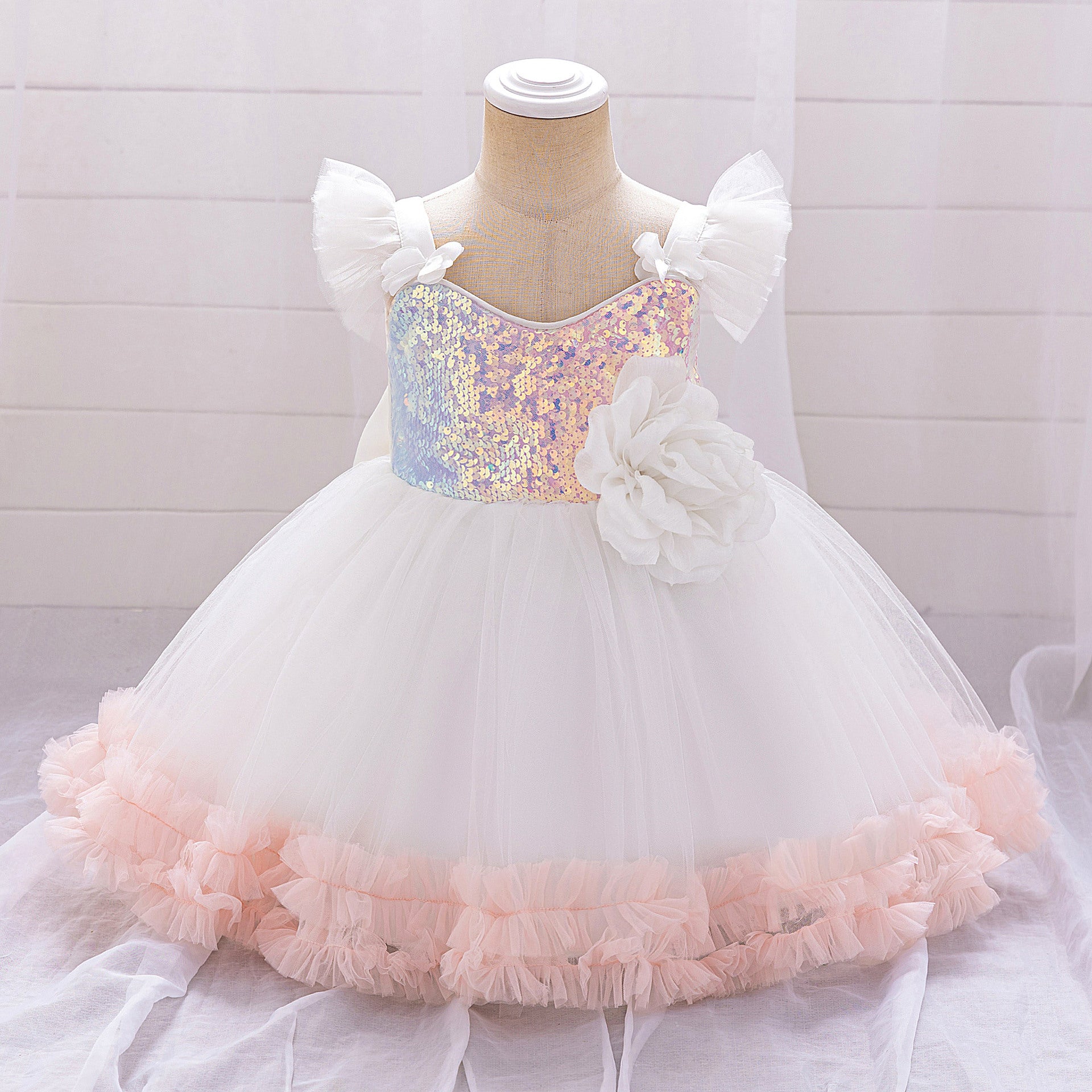 Puffy Ball Gown Dress for Girls with Sequins, Flowers & Bowknot | Cute Tea-Length Party Princess Dress