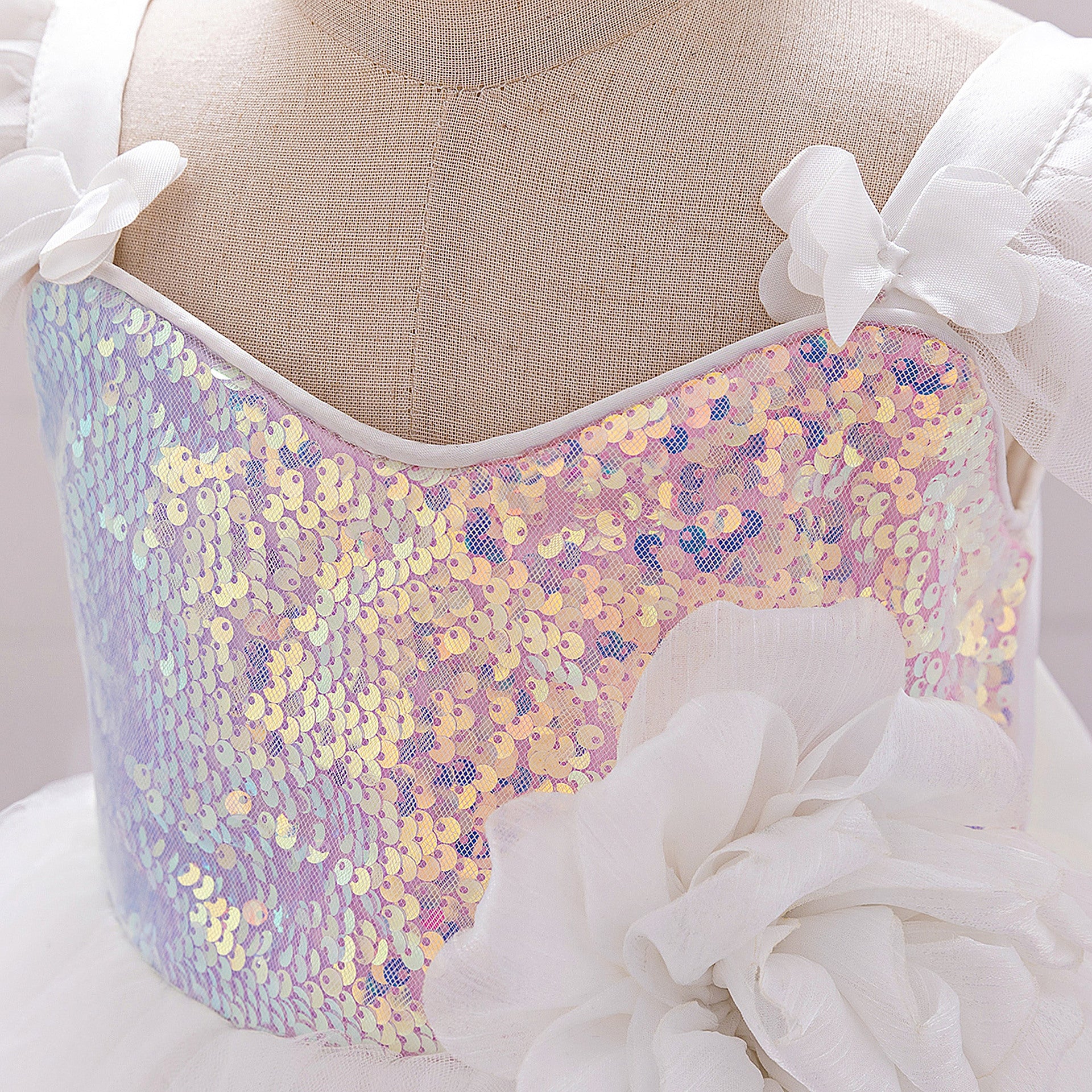 Puffy Ball Gown Dress for Girls with Sequins, Flowers & Bowknot | Cute Tea-Length Party Princess Dress