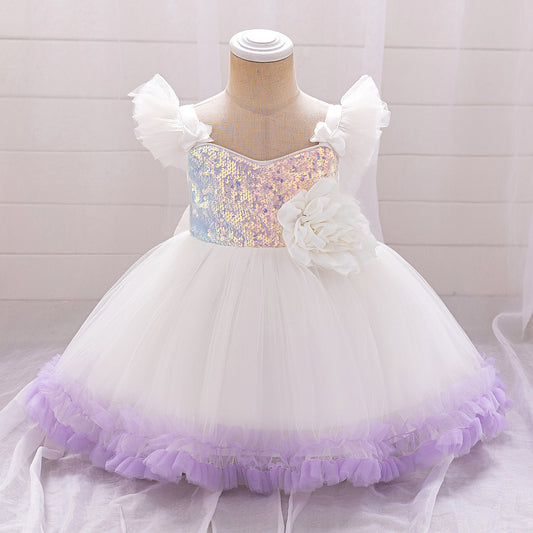 Puffy Ball Gown Dress for Girls with Sequins, Flowers & Bowknot | Cute Tea-Length Party Princess Dress