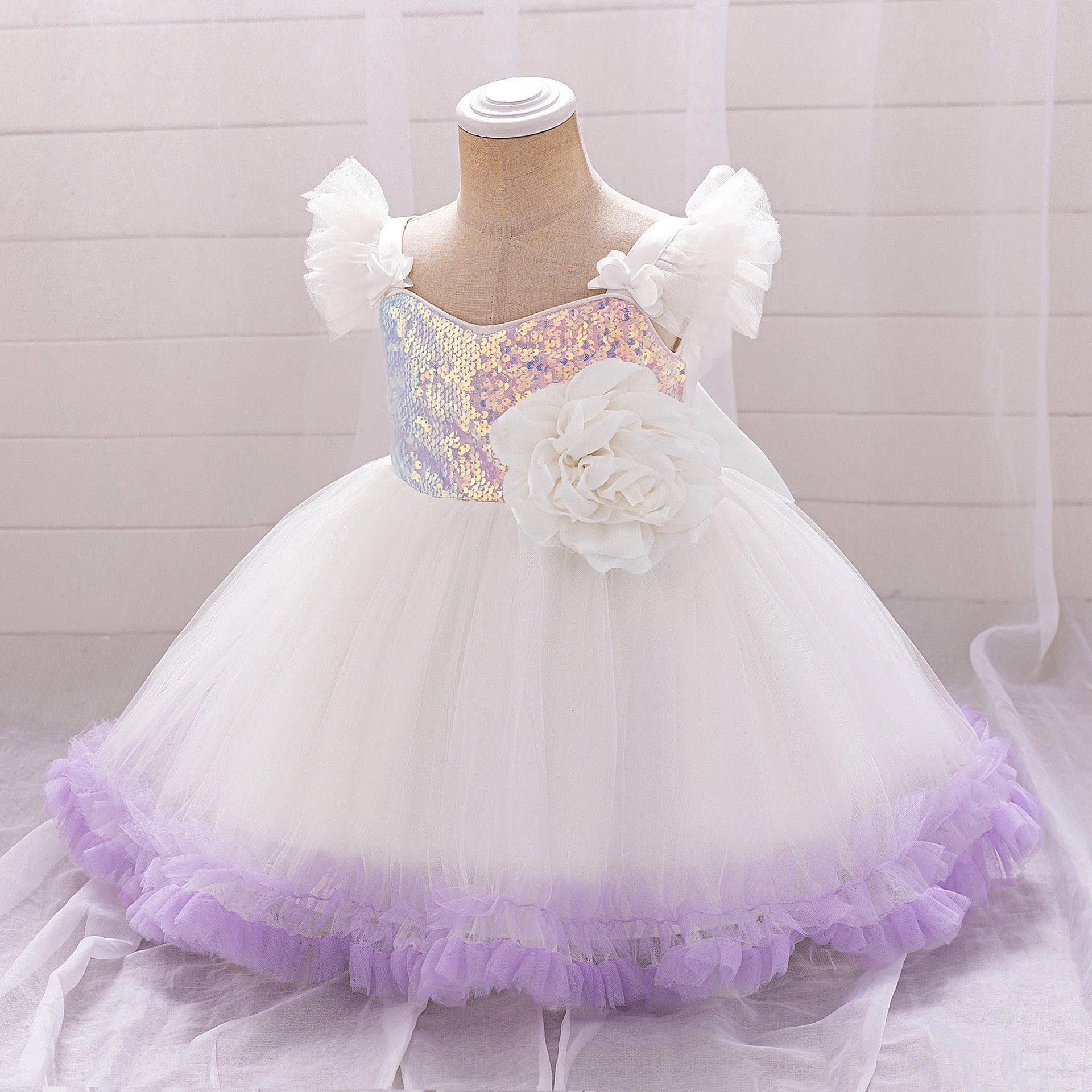 Puffy Ball Gown Dress for Girls with Sequins, Flowers & Bowknot | Cute Tea-Length Party Princess Dress