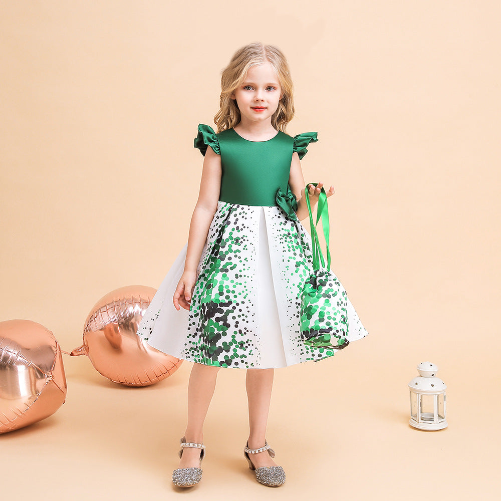 Girls' Puffy Floral Satin Ball Gown Dress – Cute Princess Tea-Length Outfit for Parties