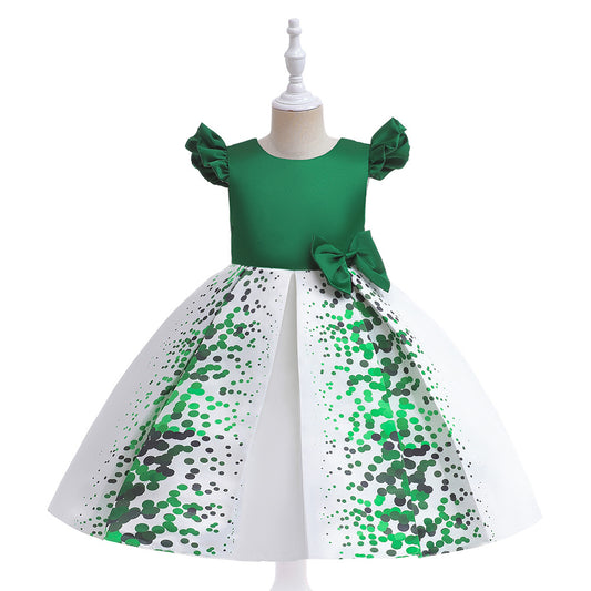 Girls' Puffy Floral Satin Ball Gown Dress – Cute Princess Tea-Length Outfit for Parties