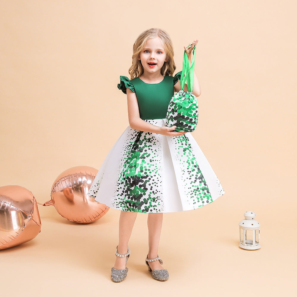 Girls' Puffy Floral Satin Ball Gown Dress – Cute Princess Tea-Length Outfit for Parties