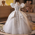 Girls Puffy Maxi White Sequin Dress with Tiered Tulle Skirt