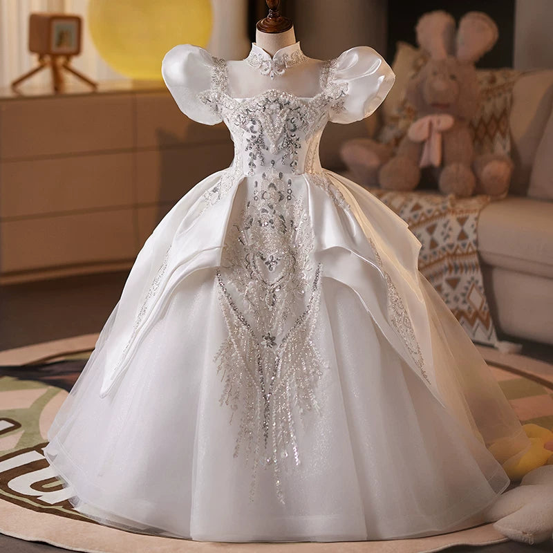 Girls White Puffy Sequin Ball Gown Dress – Flower Girl & Party Maxi Dress