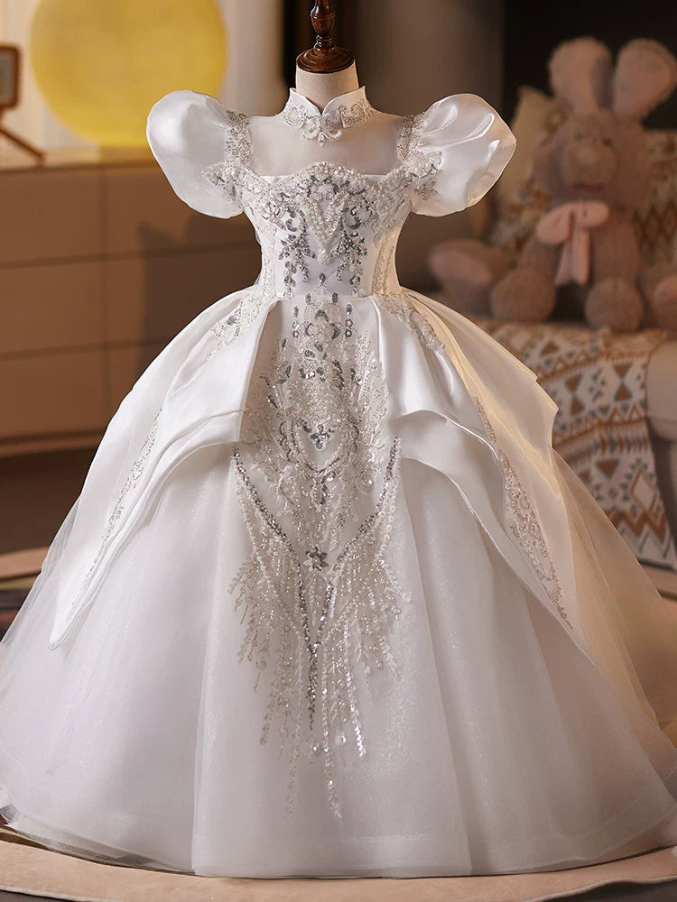 Girls White Puffy Sequin Ball Gown Dress – Flower Girl & Party Maxi Dress