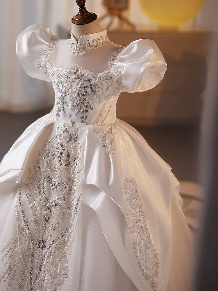Girls White Puffy Sequin Ball Gown Dress – Flower Girl & Party Maxi Dress