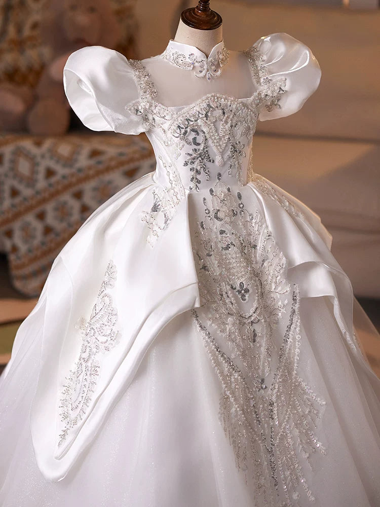 Girls White Puffy Sequin Ball Gown Dress – Flower Girl & Party Maxi Dress