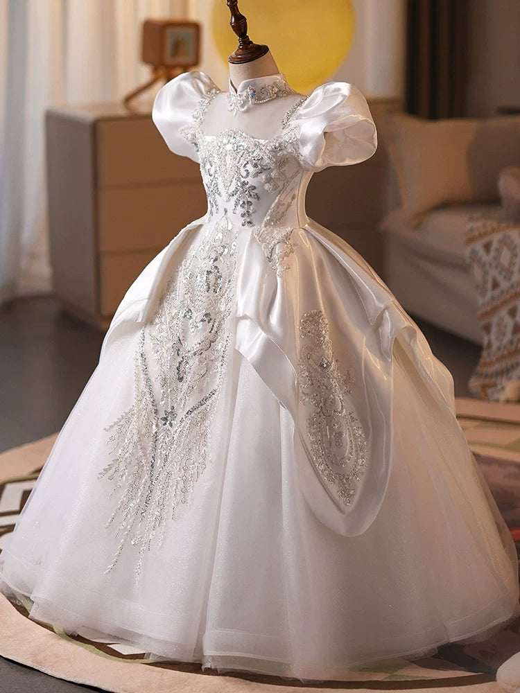 Girls White Puffy Sequin Ball Gown Dress – Flower Girl & Party Maxi Dress