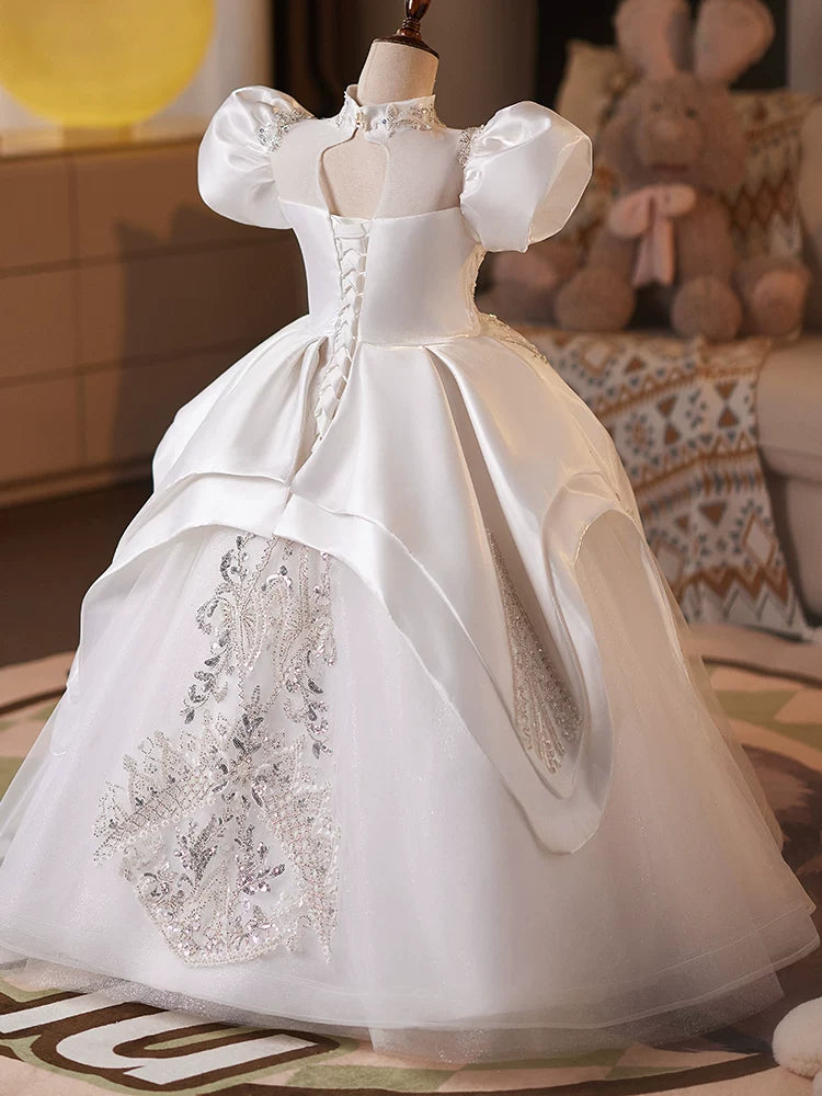 Girls White Puffy Sequin Ball Gown Dress – Flower Girl & Party Maxi Dress