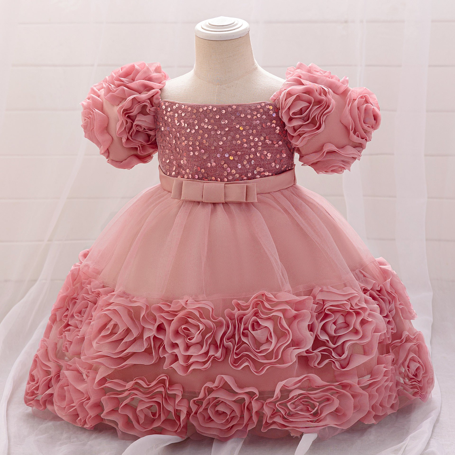 Puffy Off-Shoulder Sequin Ball Gown for Girls – Tea Length Bowknot Flower Dress