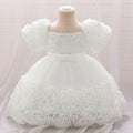 Girls Puffy Off-Shoulder Sequin Ball Gown with Bow and Flowers, Tea Length