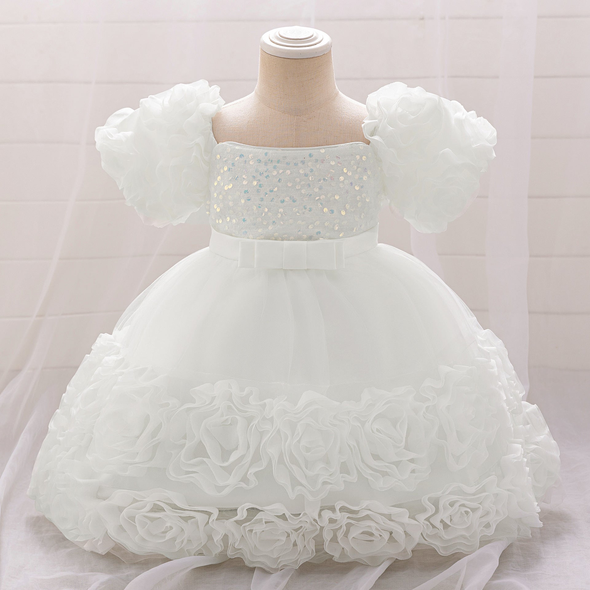 Puffy Off-Shoulder Sequin Ball Gown for Girls – Tea Length Bowknot Flower Dress