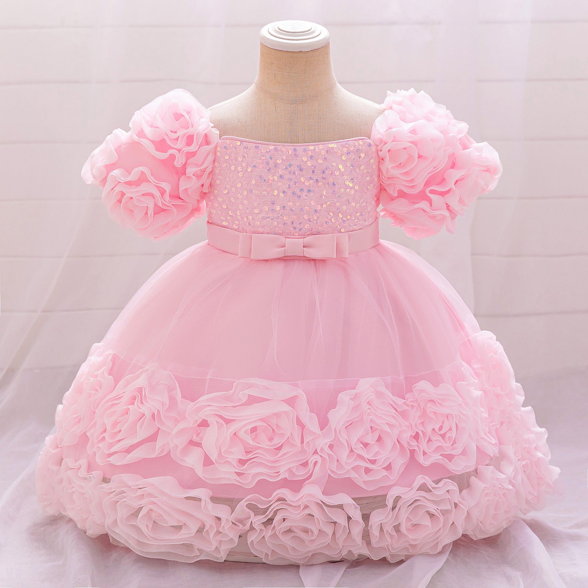 Puffy Off-Shoulder Sequin Ball Gown for Girls – Tea Length Bowknot Flower Dress