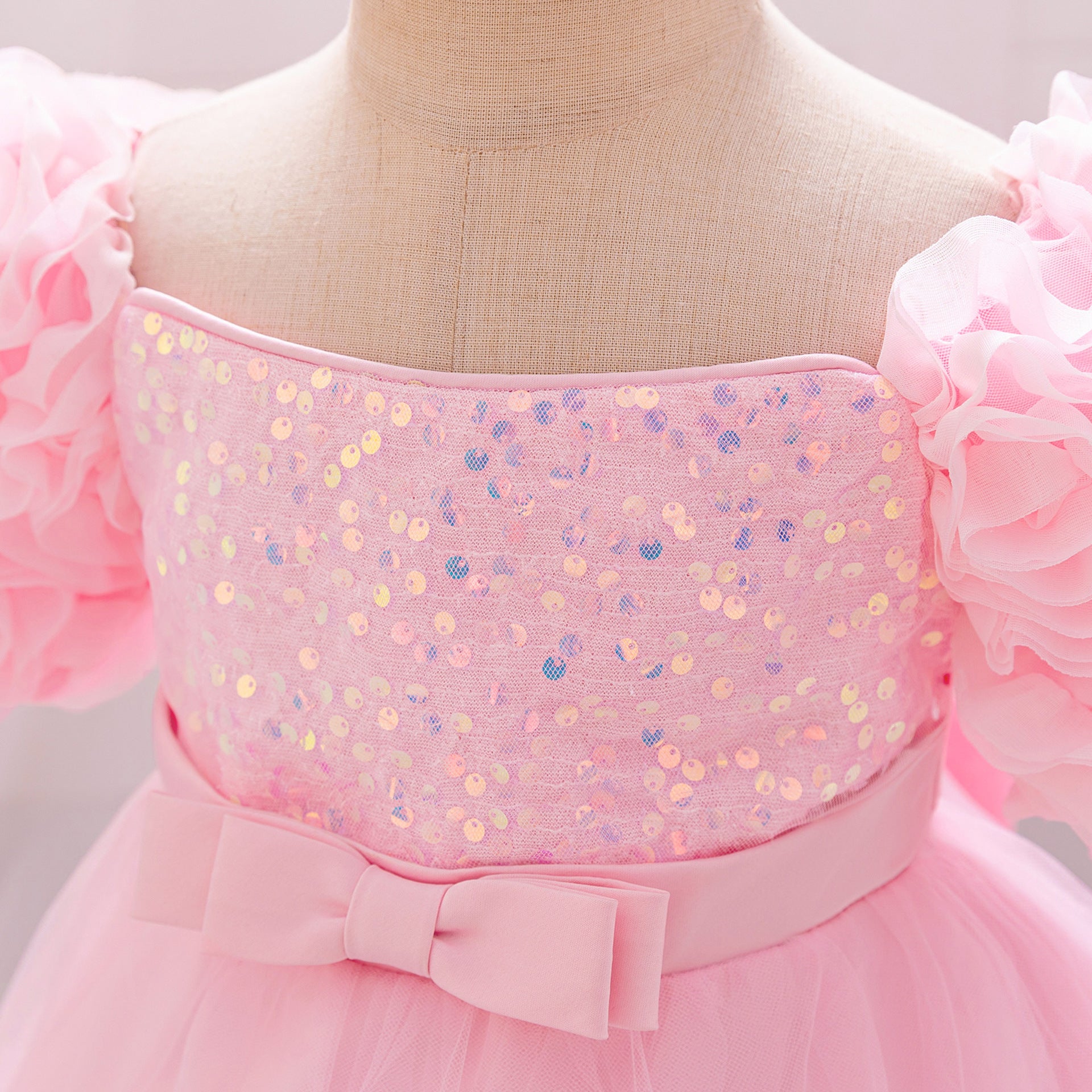 Puffy Off-Shoulder Sequin Ball Gown for Girls – Tea Length Bowknot Flower Dress