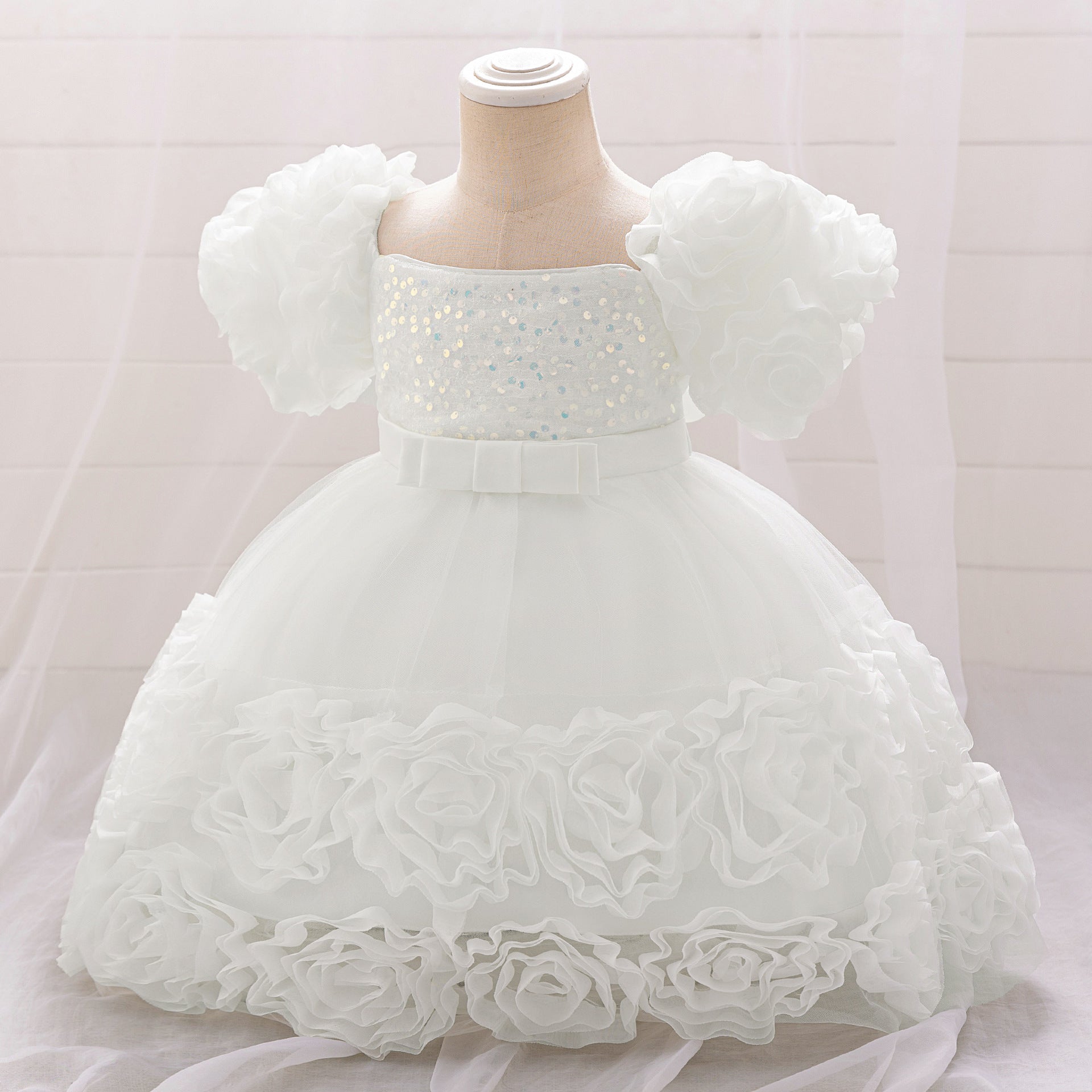 Puffy Off-Shoulder Sequin Ball Gown for Girls – Tea Length Bowknot Flower Dress