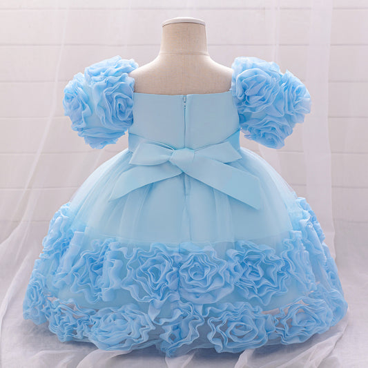 Puffy Off-Shoulder Sequin Ball Gown for Girls – Tea Length Bowknot Flower Dress