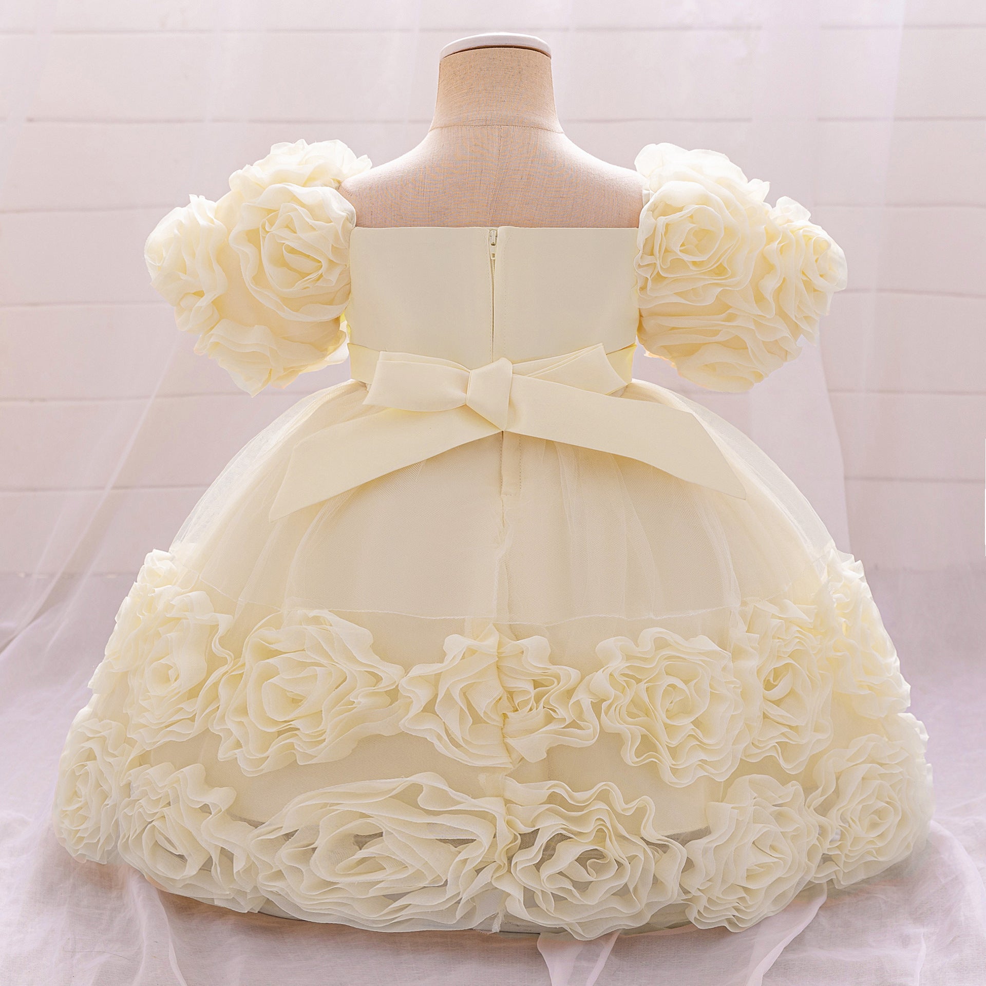 Puffy Off-Shoulder Sequin Ball Gown for Girls – Tea Length Bowknot Flower Dress