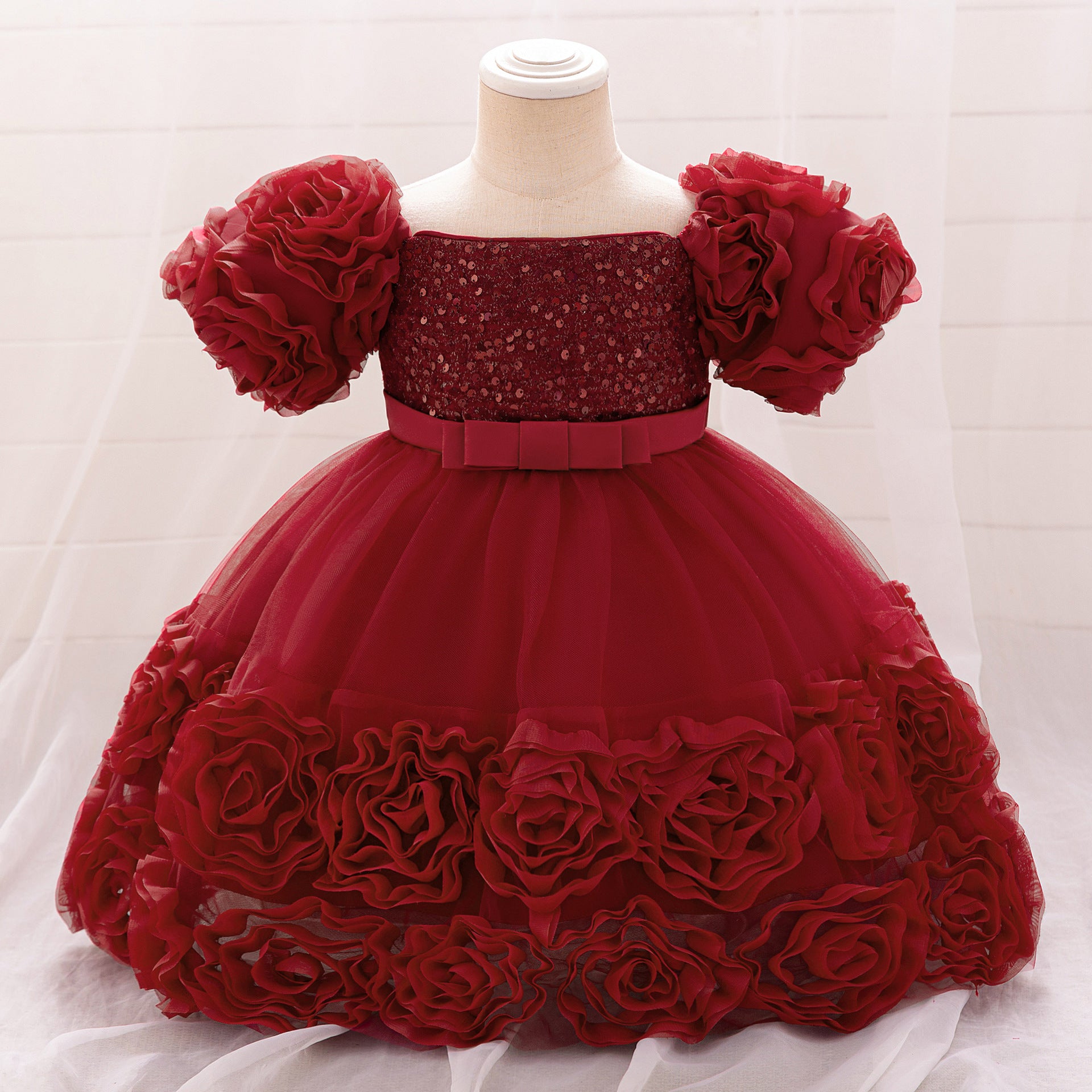 Puffy Off-Shoulder Sequin Ball Gown for Girls – Tea Length Bowknot Flower Dress