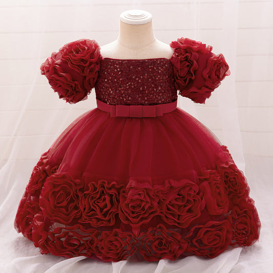 Puffy Off-Shoulder Sequin Ball Gown for Girls – Tea Length Bowknot Flower Dress