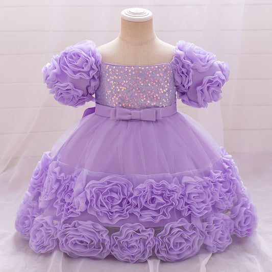 Puffy Off-Shoulder Sequin Ball Gown for Girls – Tea Length Bowknot Flower Dress