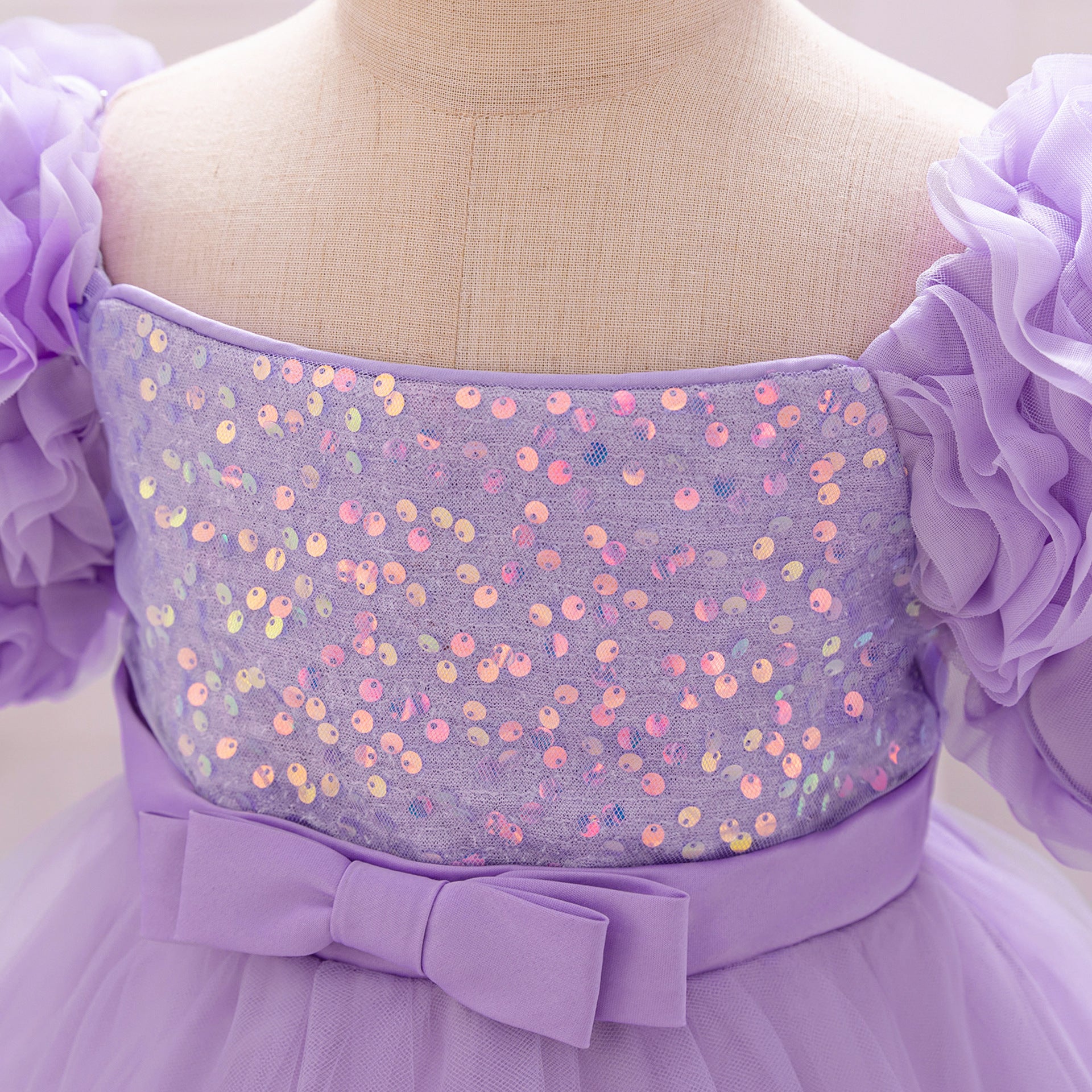 Puffy Off-Shoulder Sequin Ball Gown for Girls – Tea Length Bowknot Flower Dress