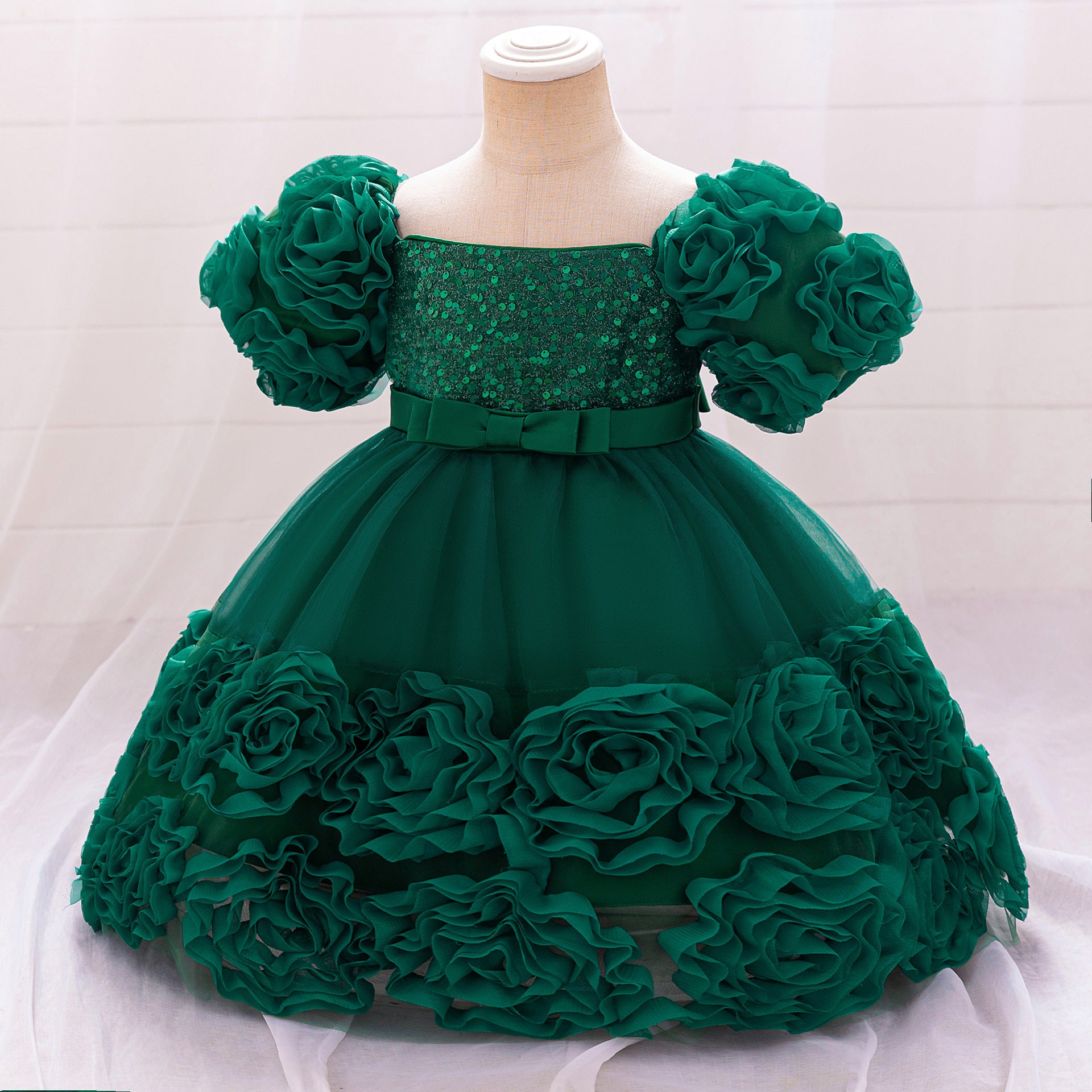 Puffy Off-Shoulder Sequin Ball Gown for Girls – Tea Length Bowknot Flower Dress