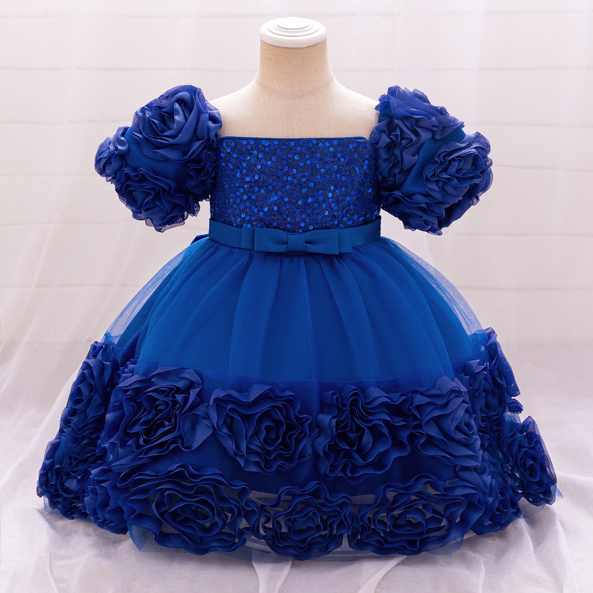 Puffy Off-Shoulder Sequin Ball Gown for Girls – Tea Length Bowknot Flower Dress