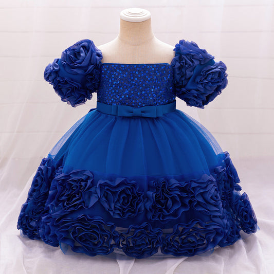 Puffy Off-Shoulder Sequin Ball Gown for Girls – Tea Length Bowknot Flower Dress