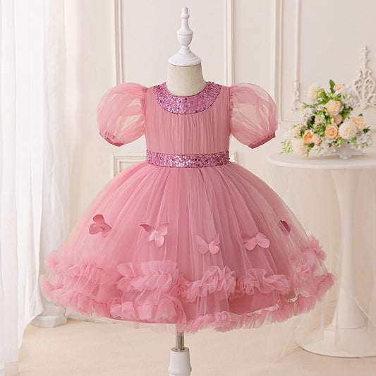 Puffy Princess Dress for Girls – Tulle Ball Gown with Applique & Sequins | Tea Length