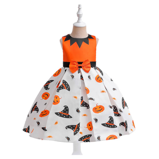 Cute Orange Pumpkin Cartoon A-line Satin Dress for Girls – Halloween & Party Outfit