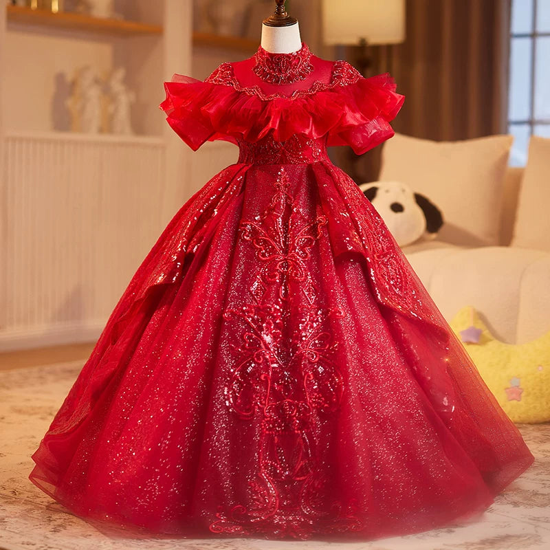 Girls Red Sequin Maxi Dress | Kids Tiered A-line Party Gown