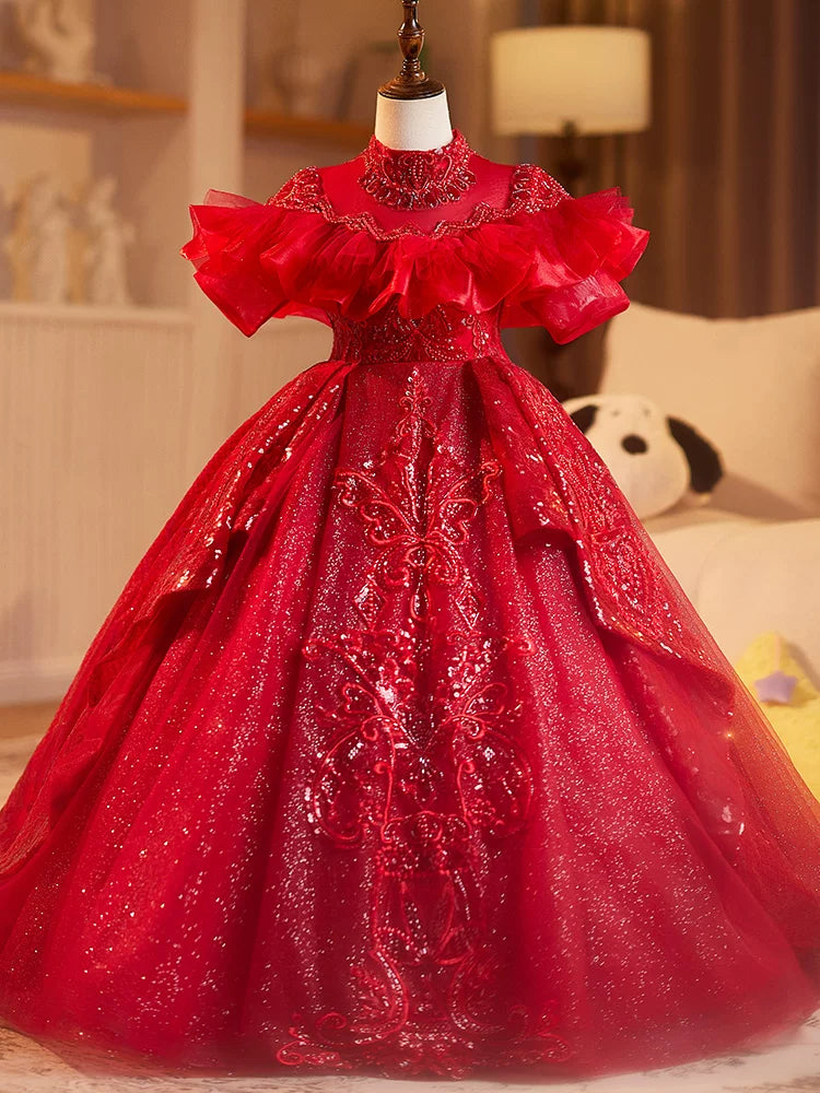 Girls Red Sequin Maxi Dress | Kids Tiered A-line Party Gown