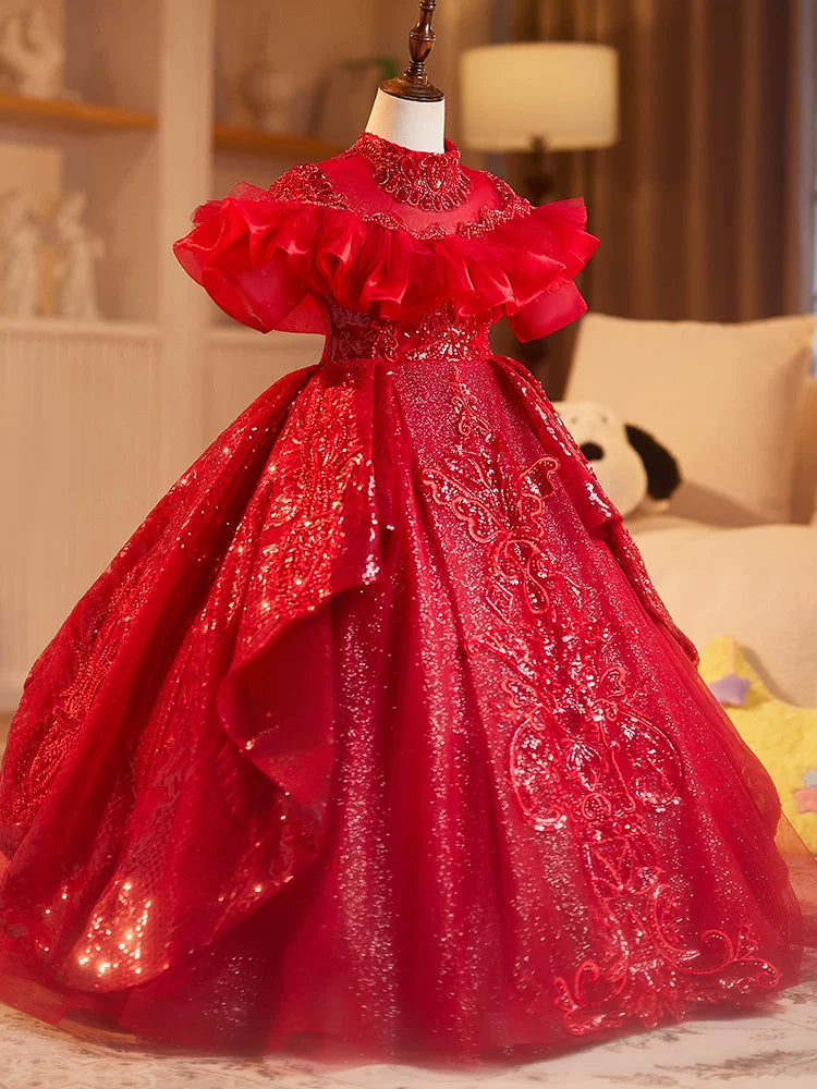 Girls Red Sequin Maxi Dress | Kids Tiered A-line Party Gown