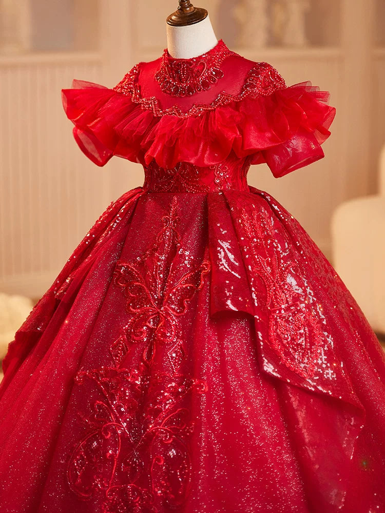 Girls Red Sequin Maxi Dress | Kids Tiered A-line Party Gown