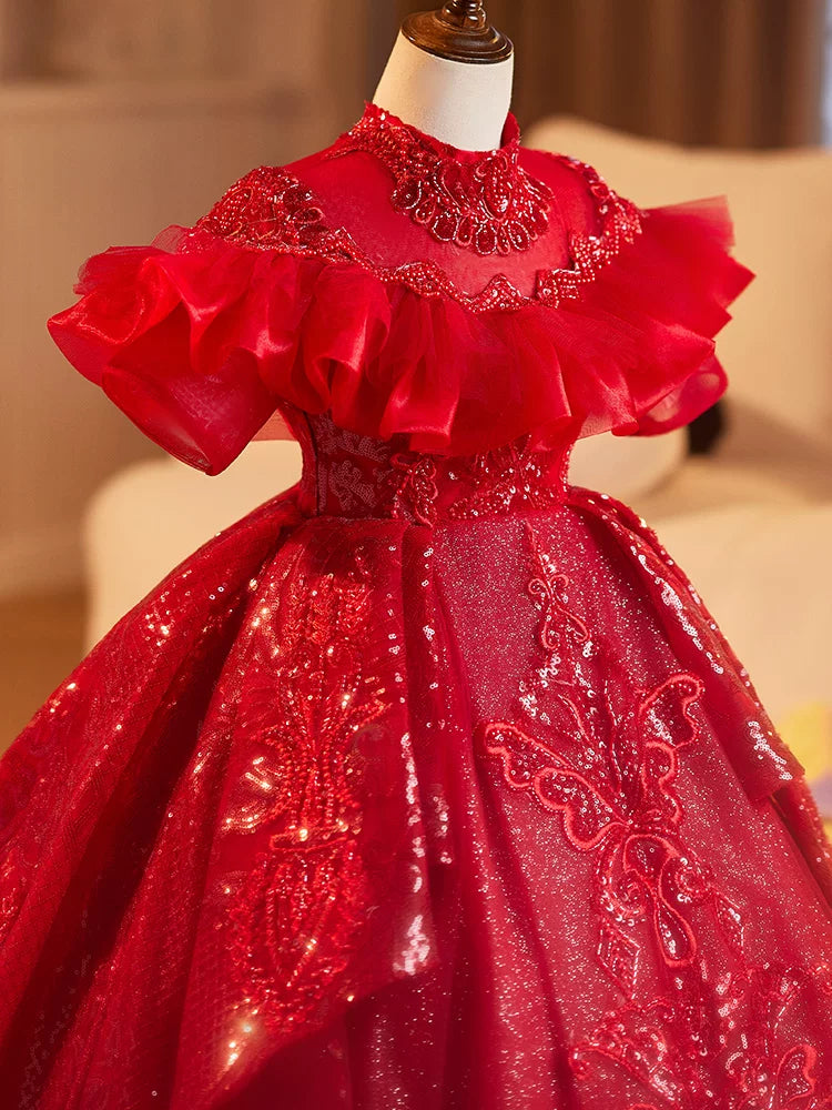 Girls Red Sequin Maxi Dress | Kids Tiered A-line Party Gown