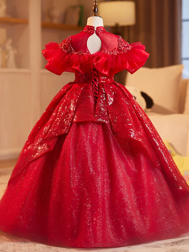 Girls Red Sequin Maxi Dress | Kids Tiered A-line Party Gown