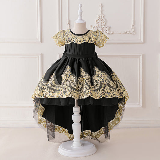 Adorable High-Low Satin Ball Gown for Girls with Lace & Bow – Party, Wedding, Festival Dress