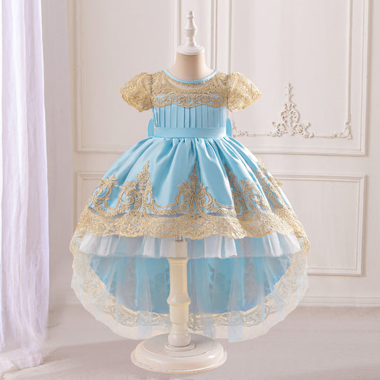 Adorable High-Low Satin Ball Gown for Girls with Lace & Bow – Party, Wedding, Festival Dress