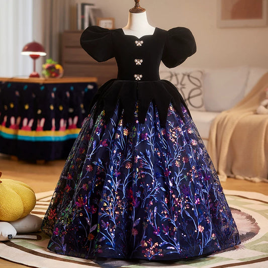 Girls' Sequin A-Line Maxi Dress – Black Party & Formal Gown for Ages 3-12