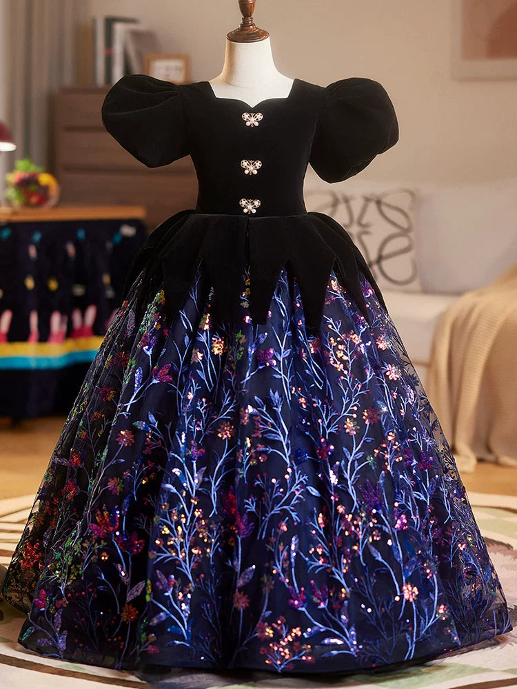 Girls' Sequin A-Line Maxi Dress – Black Party & Formal Gown for Ages 3-12