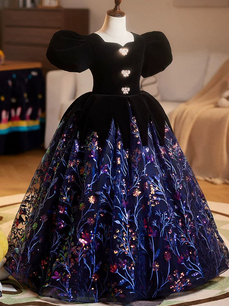 Girls' Sequin A-Line Maxi Dress – Black Party & Formal Gown for Ages 3-12