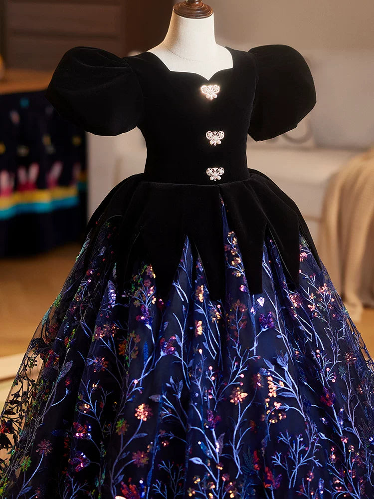 Girls' Sequin A-Line Maxi Dress – Black Party & Formal Gown for Ages 3-12