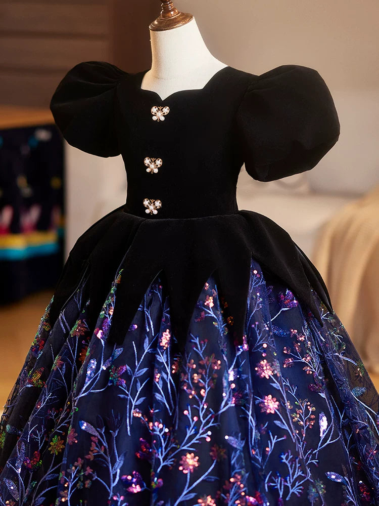 Girls' Sequin A-Line Maxi Dress – Black Party & Formal Gown for Ages 3-12